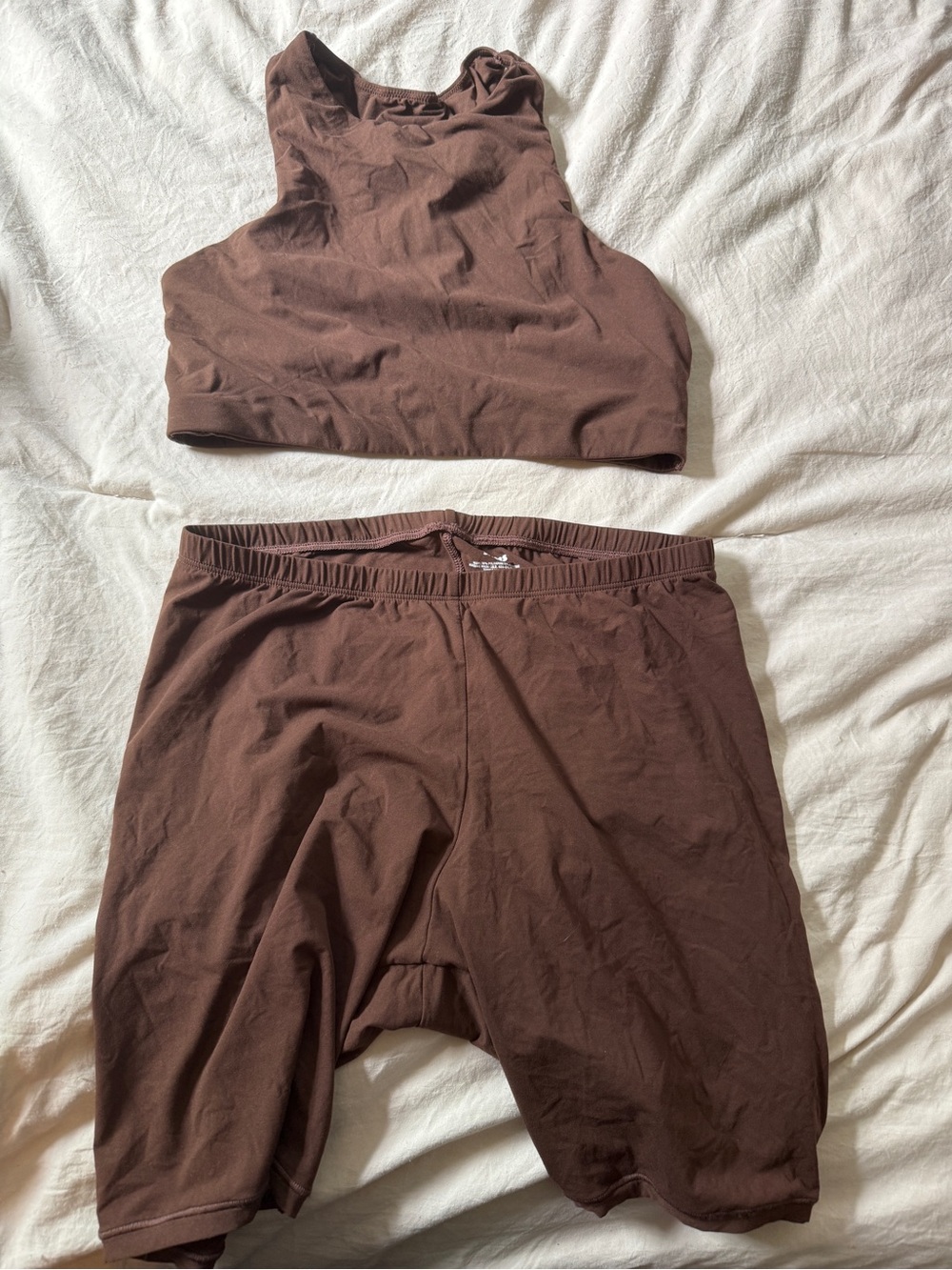 SKIMS Brown Bike Shorts and Crop Top Set